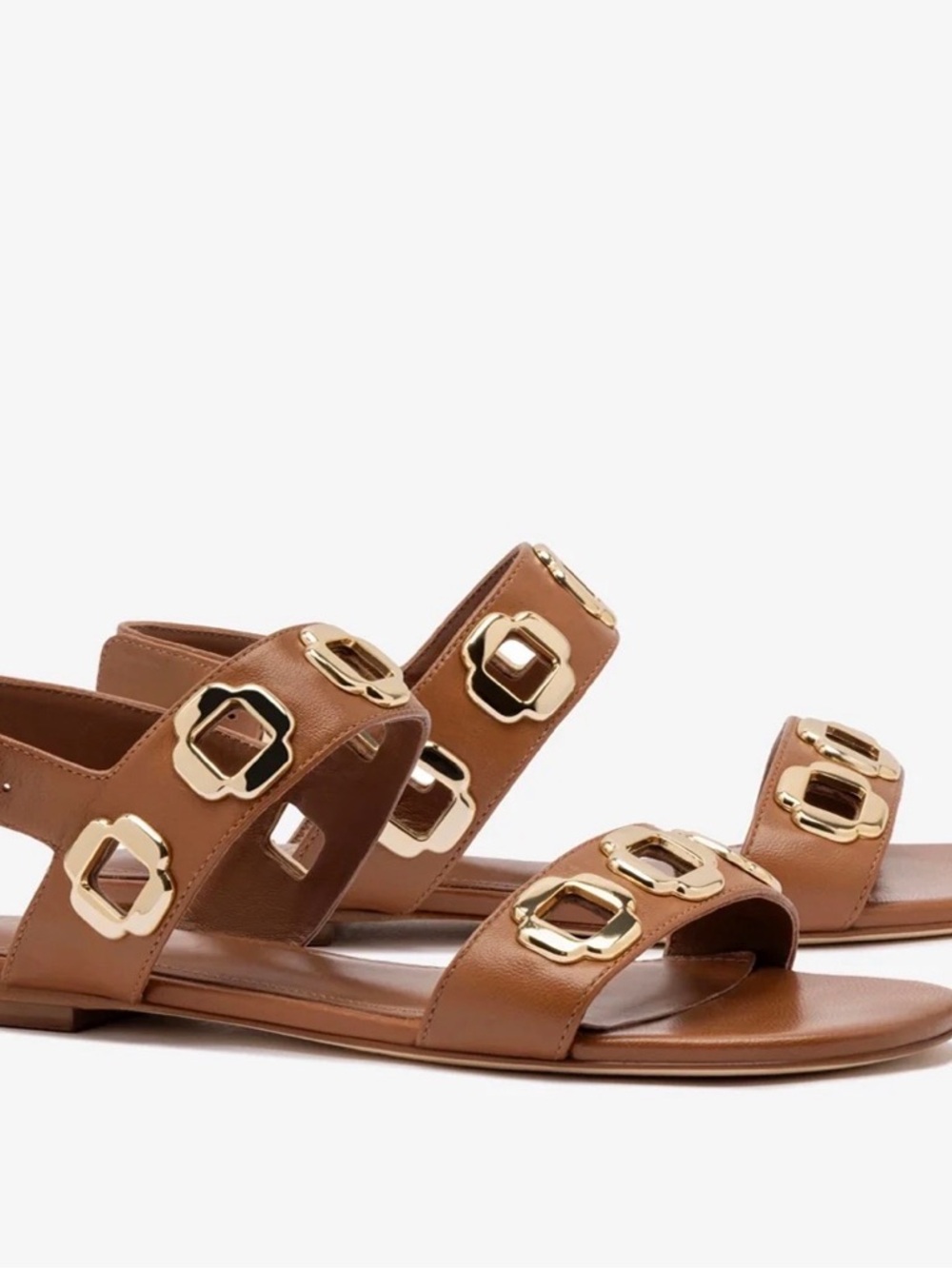 Larroude NWOB Milan Caramel Leather Flat Sandals with Gold Buckle Accents